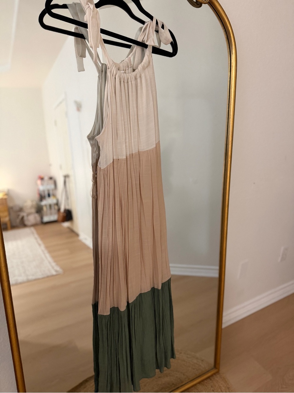 Tiered Colorblock Tie-Shoulder Maxi Dress - Beige, Cream & Olive